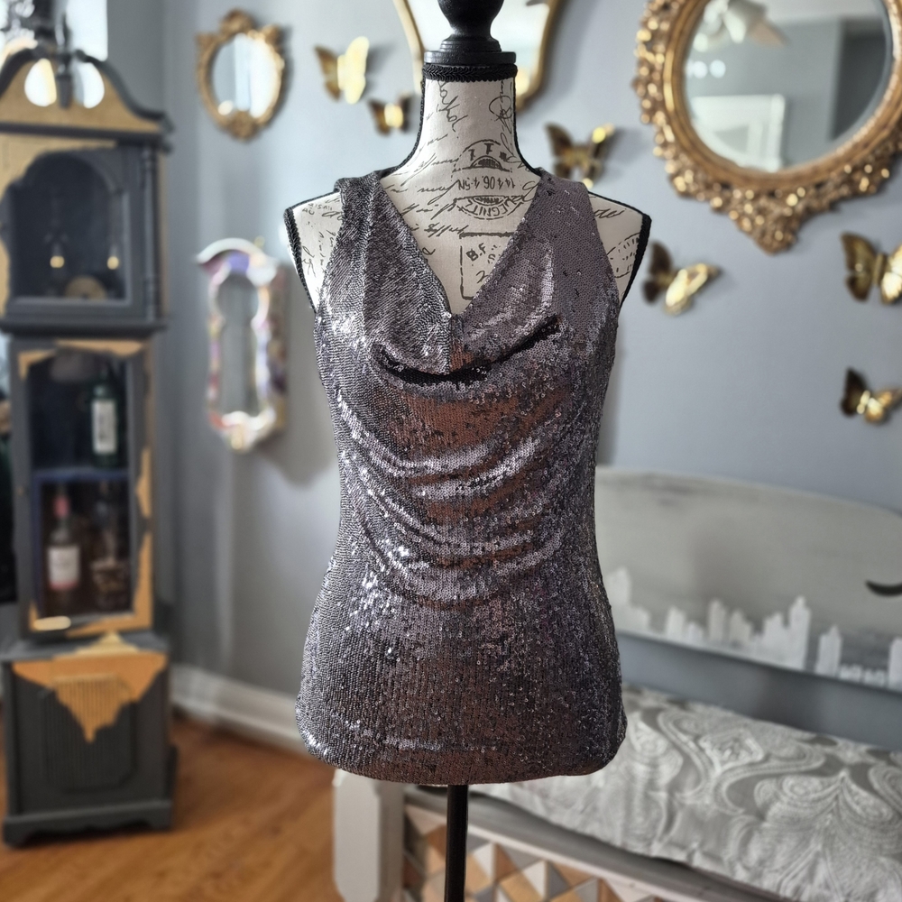 White House Black Market Shimmering Silver Sequin Blouse XS